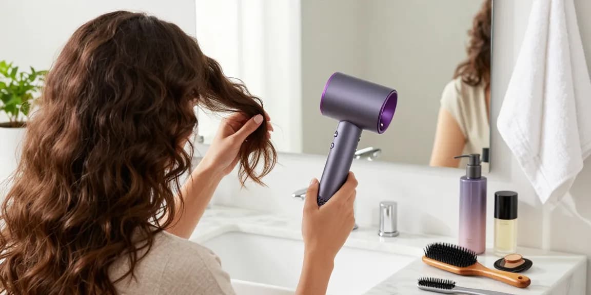 Sèche-cheveux pour cheveux épais utilisé par une femme dans une salle de bain lumineuse.