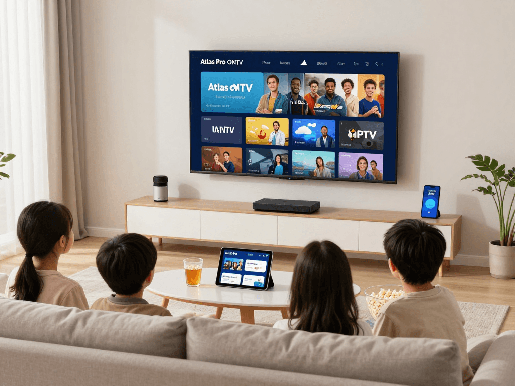 Profitez des services d'Atlas pro ontv en famille dans un salon moderne, regardant des films sur une grande télévision.