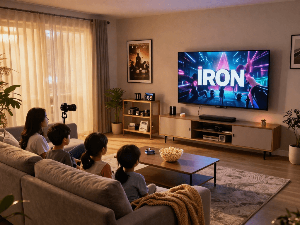 Enjoying family night with Iron TV featuring cozy living room setup.