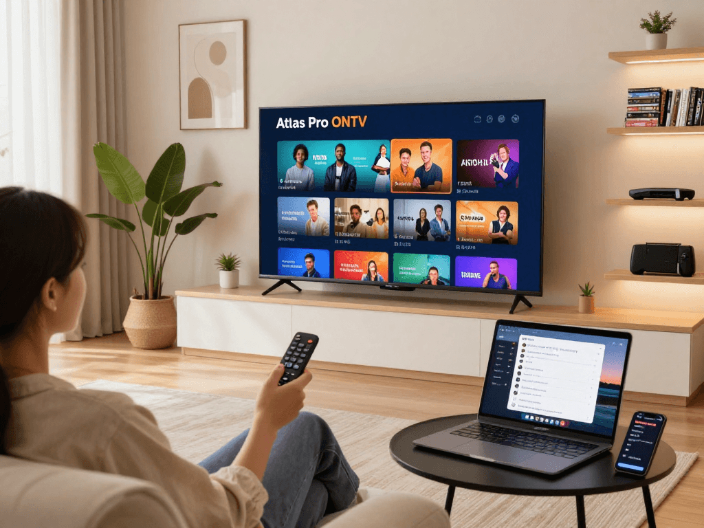 Vision dynamique d'un utilisateur profitant d'Atlas Pro PC sur son téléviseur intelligent dans un cadre confortable.