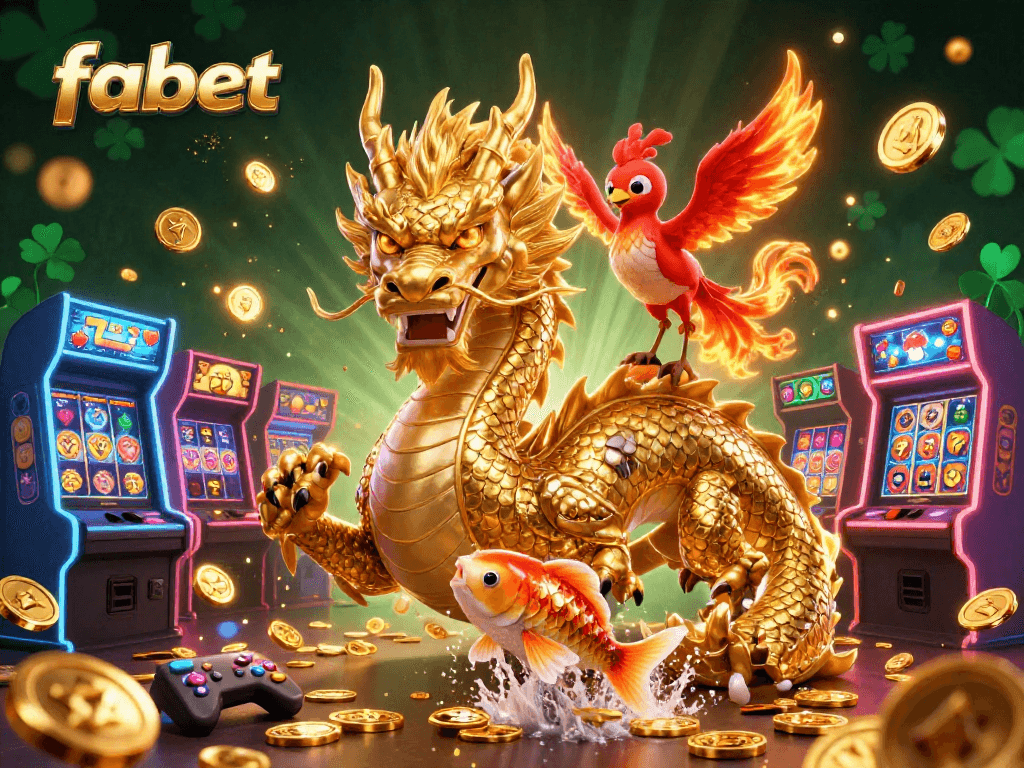 Experience the thrill of fabet with a golden dragon, coins, and casino games in an immersive scene.
