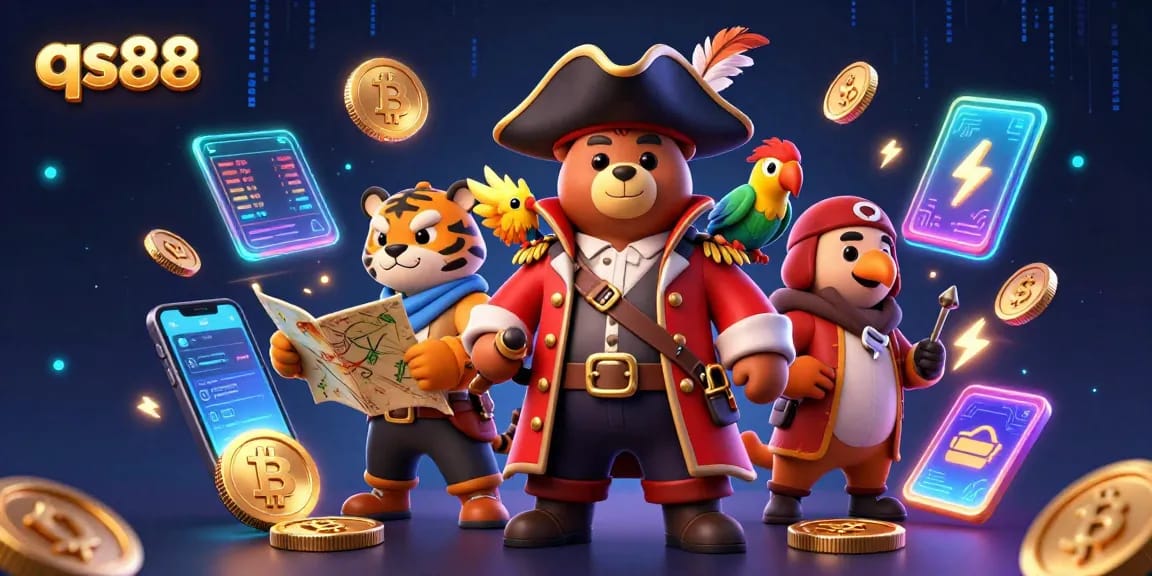 Play exciting games at qs88 with a lively pirate bear and a fierce tiger in this vibrant 3D digital illustration.