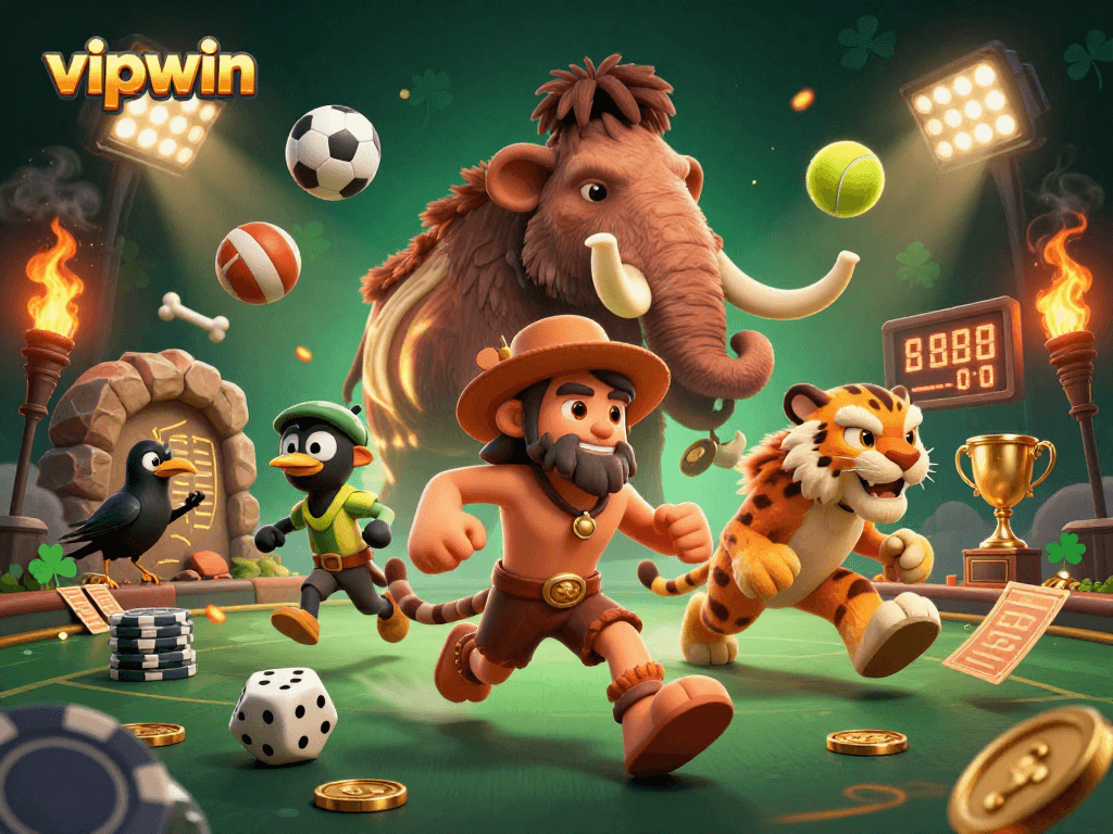 Experience the thrill of vipwin in a vibrant 3D cartoon casino scene filled with dynamic sports elements.