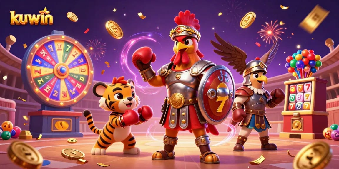 Kuwin immerses players in an epic 3D casino battle featuring a gladiator rooster, tiger cub, and eagle amidst slot reels.