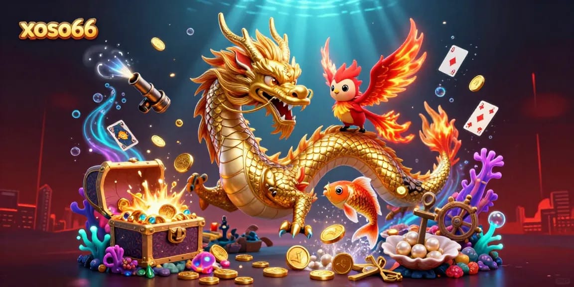 Experience thrilling wins at xoso66 with a dynamic scene featuring a golden dragon, red phoenix, and koi fish soaring through coins.