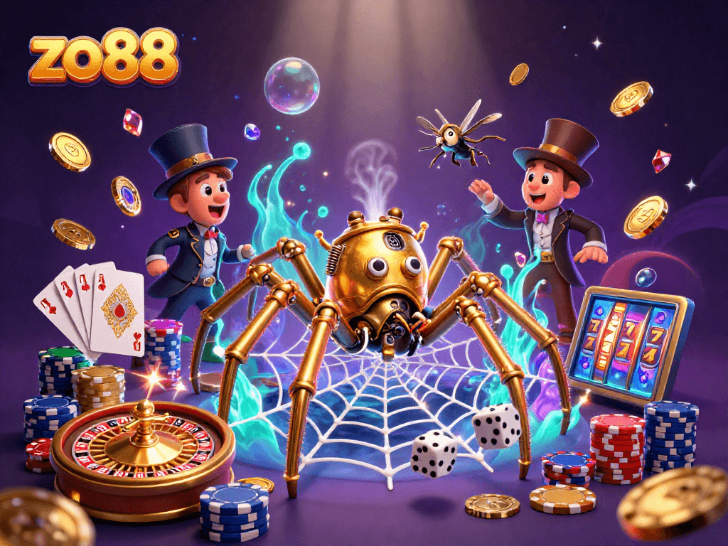 Catch thrilling wins at zo88 with this vibrant 3D casino scene featuring dynamic games and exciting elements.