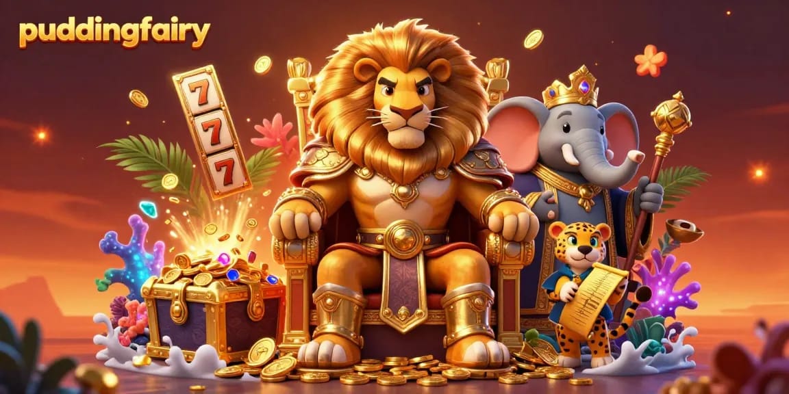 Puddingfairy showcases a dynamic casino scene with a lion king on a throne of coins, flanked by an elephant and cheetah, surrounded by slot reels.