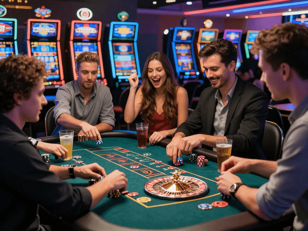 Ambiance de casino en ligne captivante avec joueurs engagés, jeux de roulette, et machines à sous colorées.