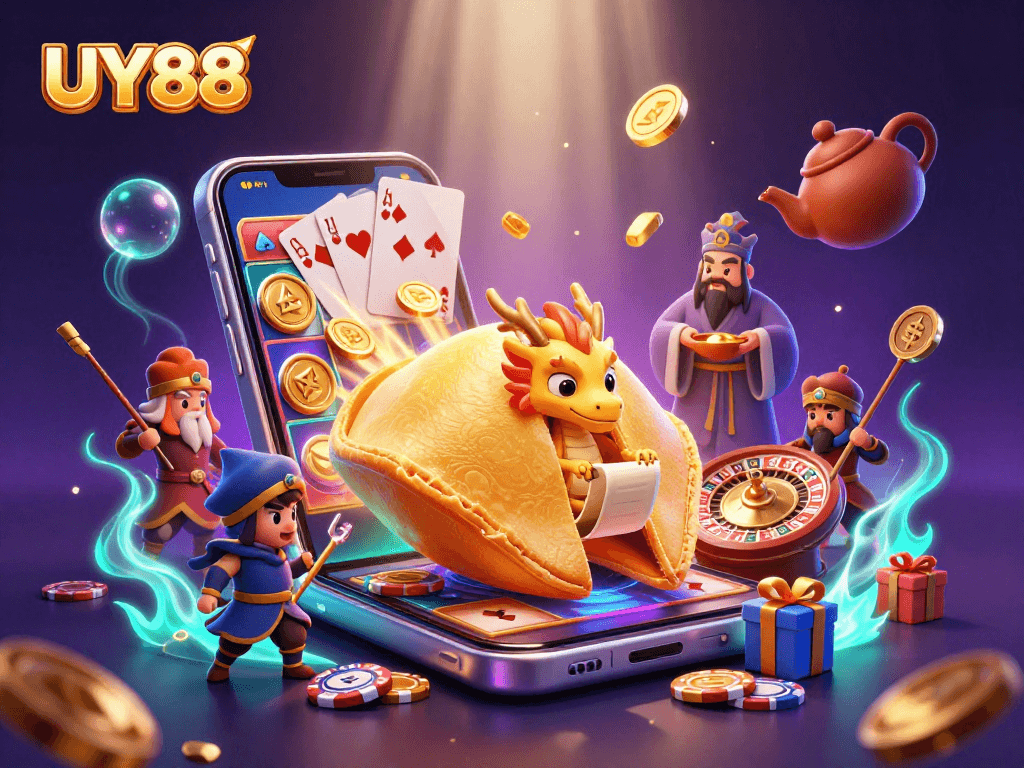 Experience the thrill of UY88 gaming with vibrant casino elements and enchanting characters.