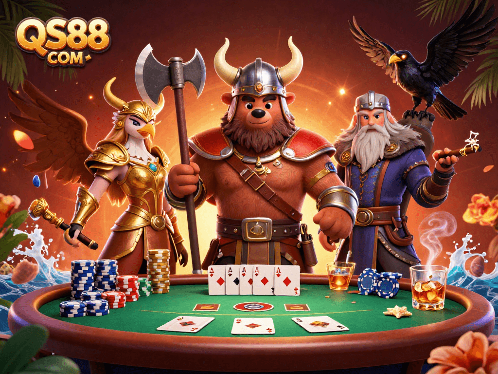 Engage in thrilling gameplay at QS88 COM with Viking bear and Valkyrie eagle amidst dynamic poker action.