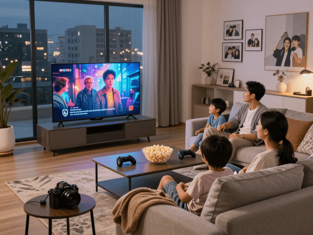 Soirée cinéma en famille avec Atlas pro ontv sur Smart TV dans un salon moderne.