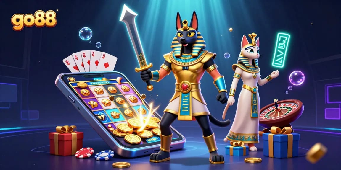 Experience thrilling gameplay at go88 with Anubis and Bastet amid rich casino elements.