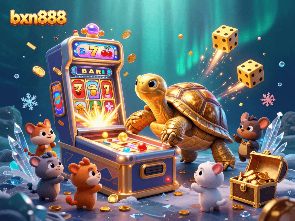 Experience the excitement of bxn888 with this vibrant slot machine scene featuring dazzling lights and a golden tortoise.