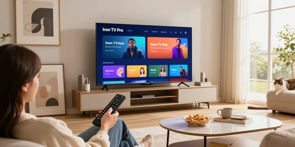 Expérience de visionnage avec Iron tv pro sur grand écran dans un salon moderne.