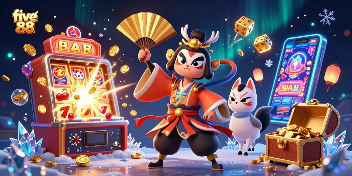 Experience the excitement of five 88 with animated kabuki characters amidst casino games and jackpot symbols.