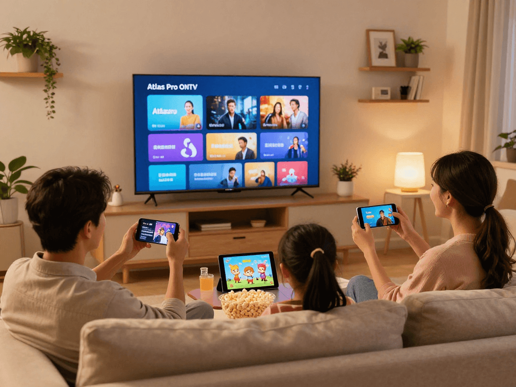 Expérience de divertissement familial avec l'application atlas pro sur un Smart TV, rendant la soirée agréable.