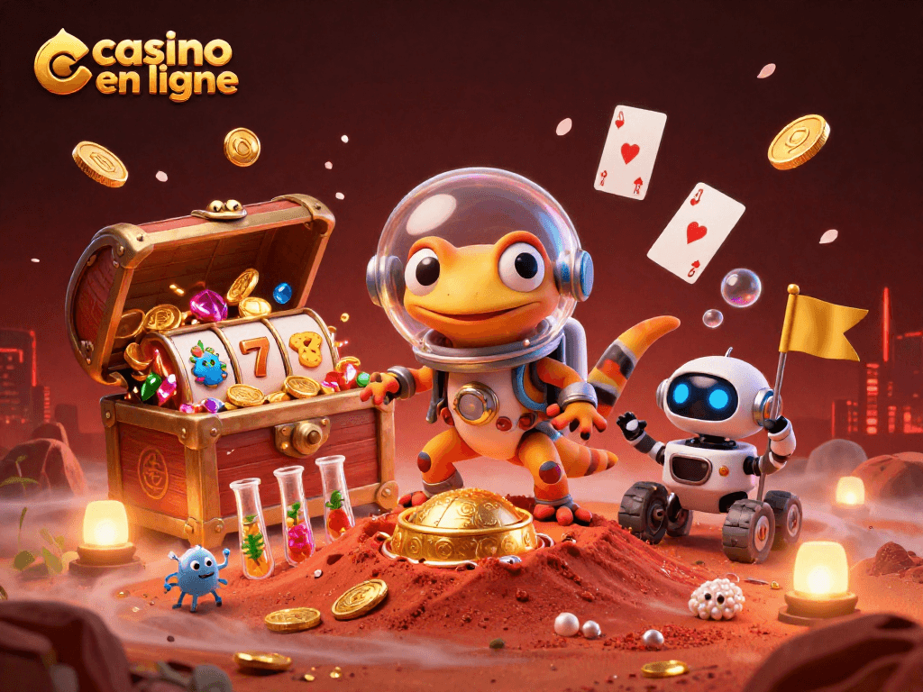 Découvrez le casino en ligne avec notre iguane spatial et ses trésors cachés dans une illustration dynamique.
