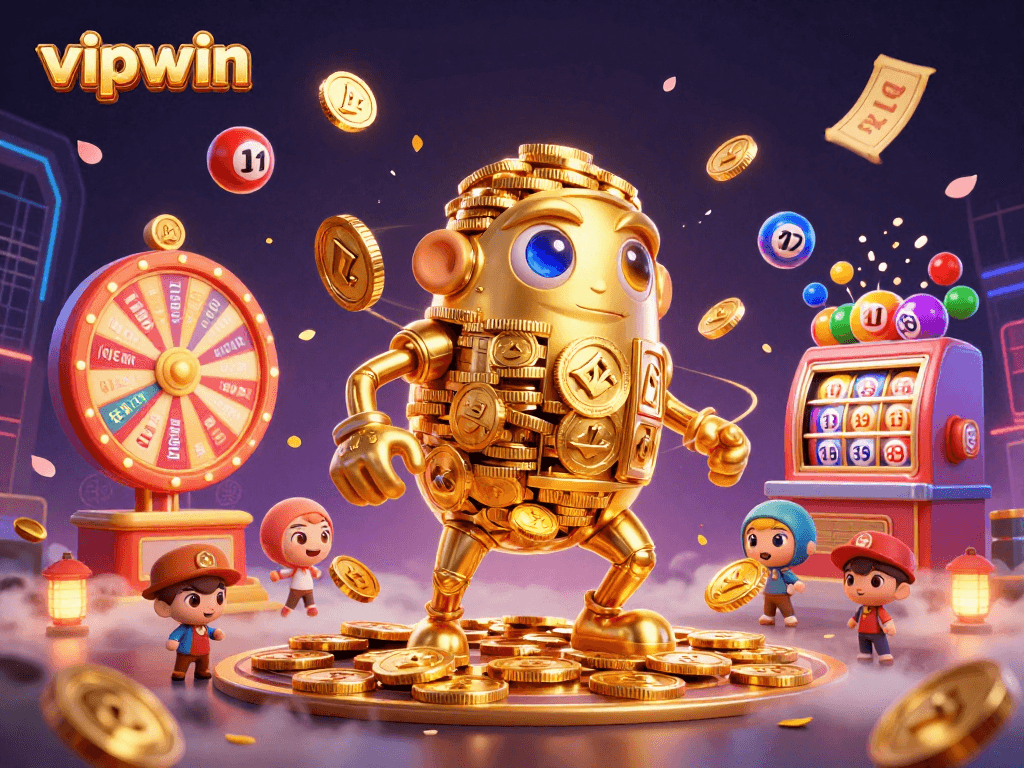 Win big with vipwin featuring a golden golem amidst vibrant lottery elements in an engaging casino setting.