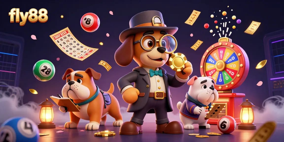 fly88 fantasy scene showcasing a detective cartoon character discovering poker chip clues with vibrant lottery elements